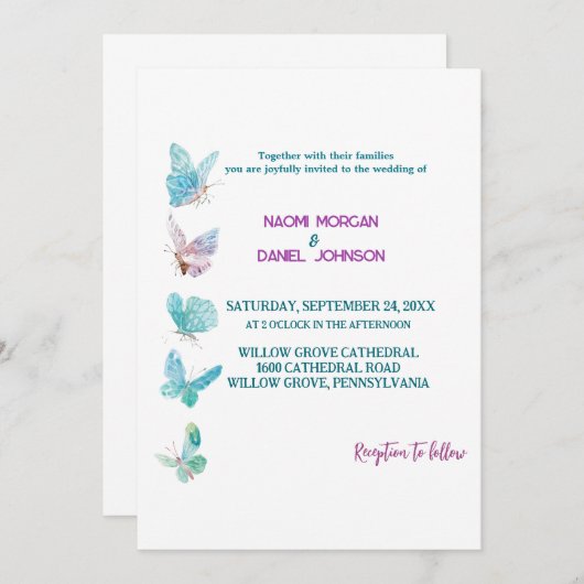 着色モダン蝶結婚式招待状 招待状 (正面/裏面)