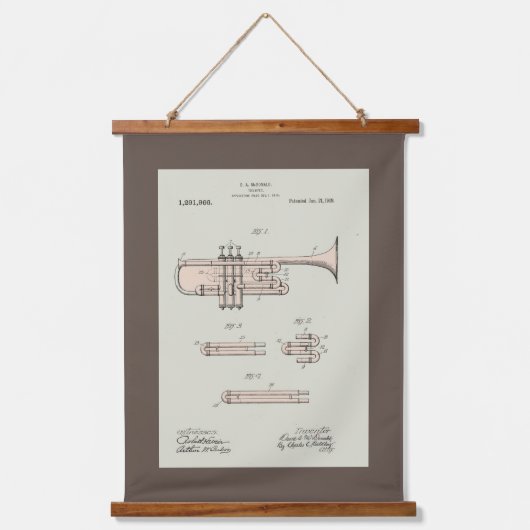 着色化ヴィンテージトランペット特許イラストレーション 吊り下げ型タペストリー (正面)