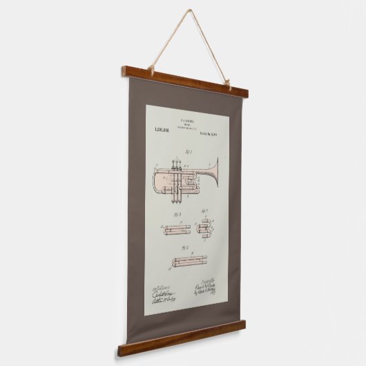 着色化ヴィンテージトランペット特許イラストレーション 吊り下げ型タペストリー (傾斜あり)