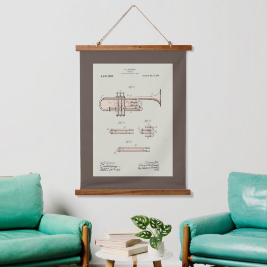 着色化ヴィンテージトランペット特許イラストレーション 吊り下げ型タペストリー (リビング)