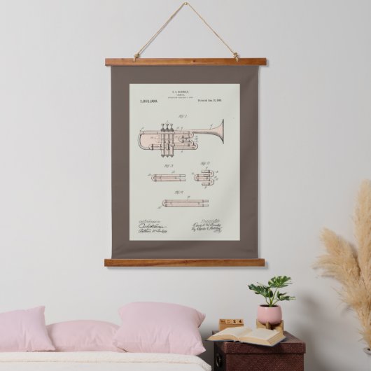 着色化ヴィンテージトランペット特許イラストレーション 吊り下げ型タペストリー (寝室)