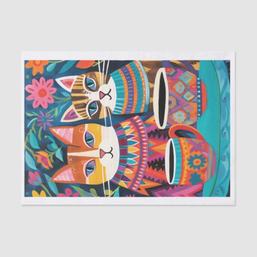 着色猫フォークアートスタイルデカップティッシュ 薄葉紙 (正面)