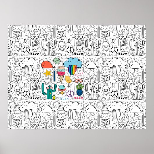 着色用ドードルスケッチ、猫、雲、サボテン ポスター (正面)