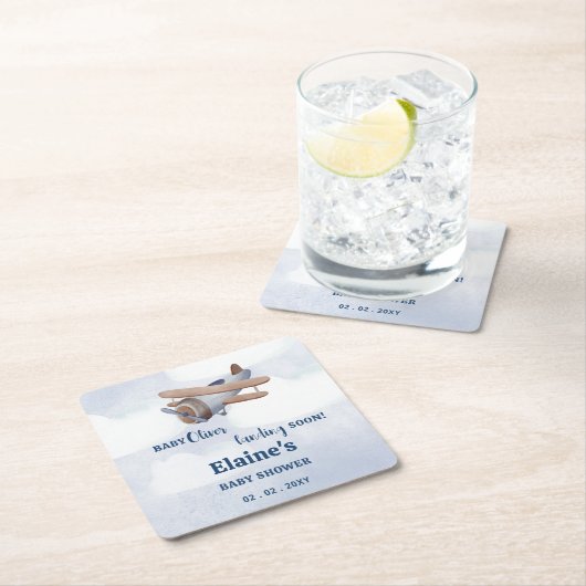 着陸すぐ青い男の子飛行機の赤ちゃんシャワー スクエアペーパーコースター (インサイチュ)