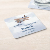 着陸すぐ青い男の子飛行機の赤ちゃんシャワー スクエアペーパーコースター (アングル)