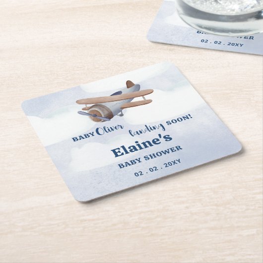 着陸すぐ青い男の子飛行機の赤ちゃんシャワー スクエアペーパーコースター (アングル)