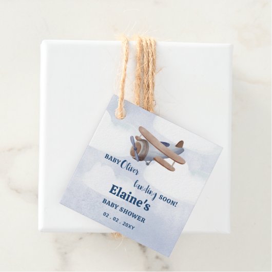 着陸すぐ青い男の子飛行機の赤ちゃんシャワー フェイバータグ (インサイチュ)