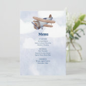 着陸すぐ青い男の子飛行機の赤ちゃんシャワー メニュー (スタンド正面)