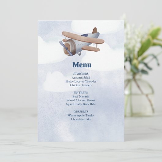 着陸すぐ青い男の子飛行機の赤ちゃんシャワー メニュー (スタンド正面)