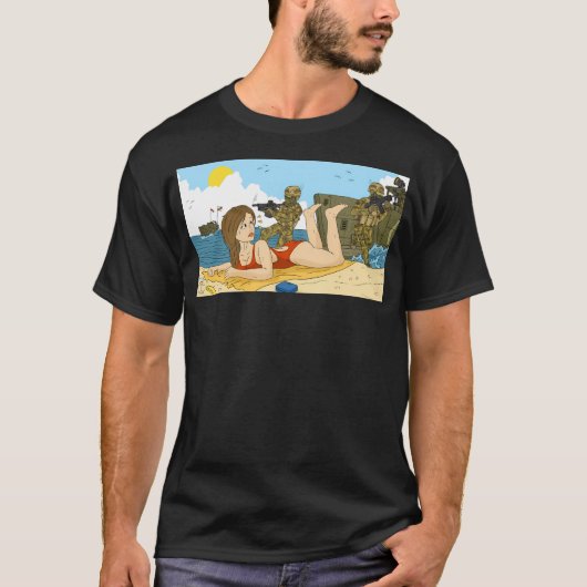 着陸船をビーチに。軍隊と水着 Tシャツ (正面)