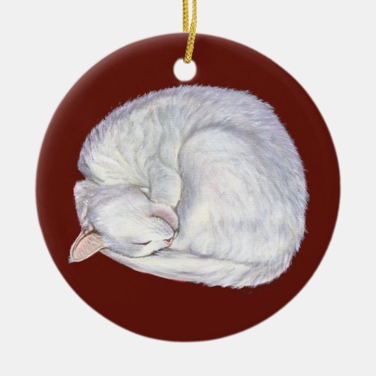 睡眠の宝物白い猫の絵画の芸術 セラミックオーナメント (正面)