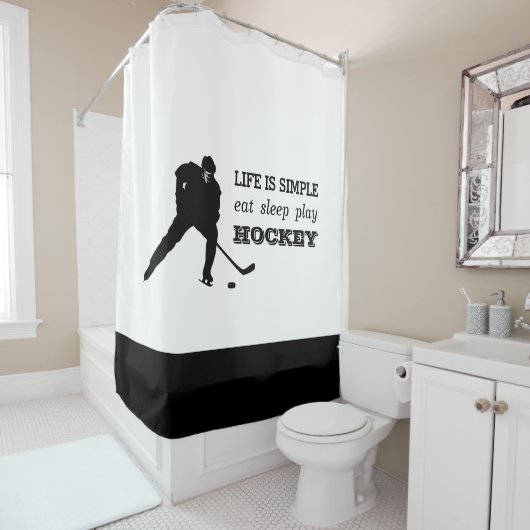 睡眠の演劇のホッケーの白黒のホッケー選手を食べて下さい シャワーカーテン (インサイチュ)