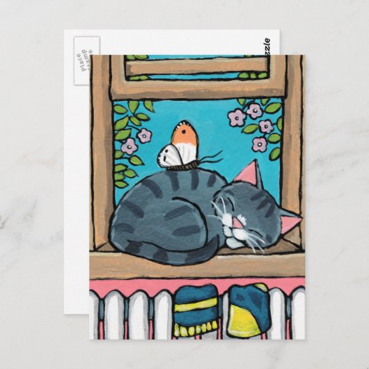 睡眠の虎猫の猫および蝶イラストレーション ポストカード (正面/裏面)