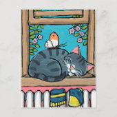 睡眠の虎猫の猫および蝶イラストレーション ポストカード (正面)