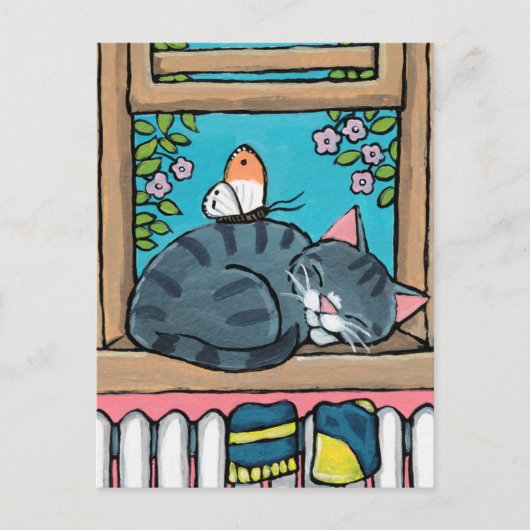 睡眠の虎猫の猫および蝶イラストレーション ポストカード (正面)