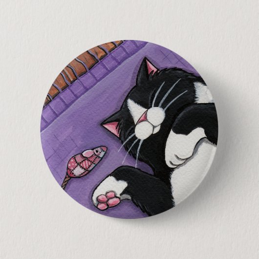 睡眠の黒猫およびおもちゃのマウス-猫の芸術ボタン 缶バッジ (正面)