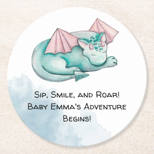 睡眠ターコイズドラゴンベビーシャワーコースター ラウンドペーパーコースター (正面)