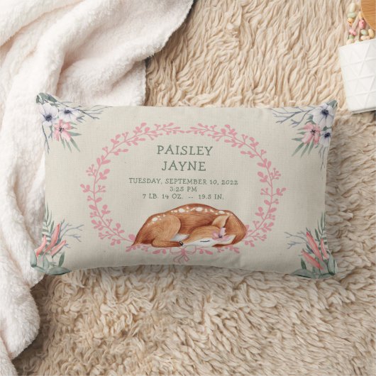 睡眠中のベビーガール鹿の誕生統計枕 ランバークッション (ブランケット)