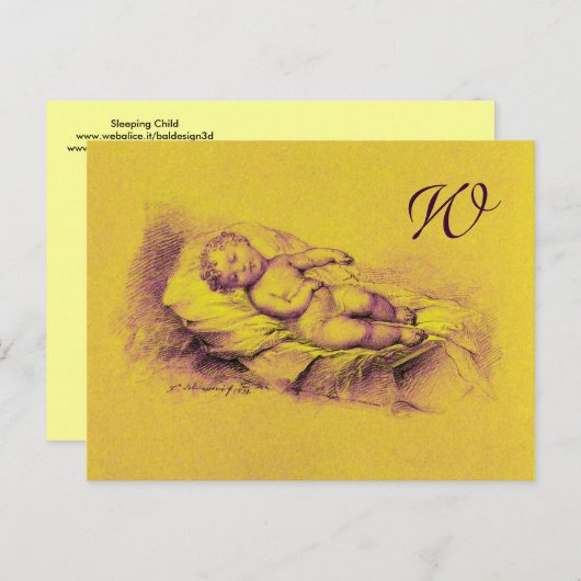 睡眠児、金ゴールド黄赤ちゃんシャワーモノグラム インビテーションポストカード (正面/裏面)