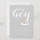 睡眠男の赤ちゃんシャワエレガントー灰色タイポグラフィ 招待状 (正面)