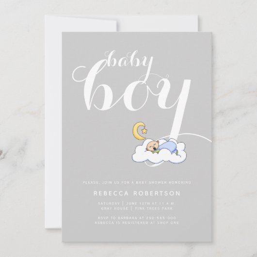 睡眠男の赤ちゃんシャワエレガントー灰色タイポグラフィ 招待状 (正面)