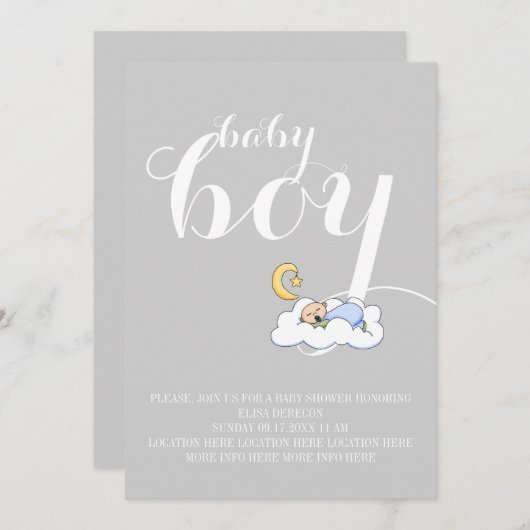 睡眠男の赤ちゃんシャワーエレガント文字灰色 招待状 (正面/裏面)