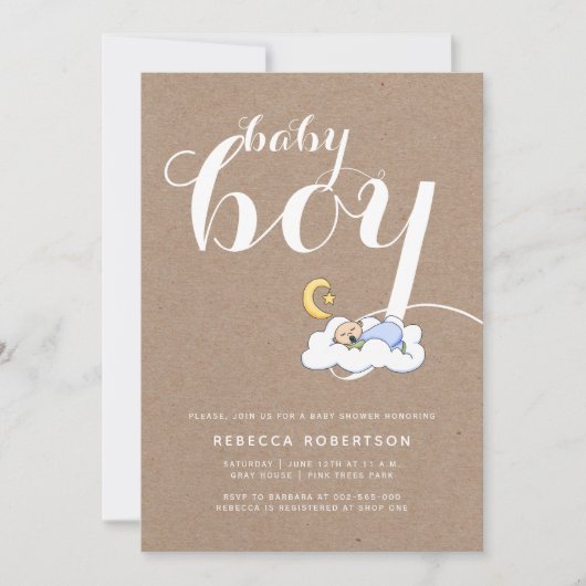 睡眠男の赤ちゃんシャワークラフト紙タイポグラフィ 招待状 (正面)