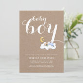 睡眠男の赤ちゃんシャワークラフト紙タイポグラフィ 招待状 (スタンド正面)
