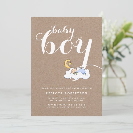 睡眠男の赤ちゃんシャワークラフト紙タイポグラフィ 招待状 (スタンド正面)