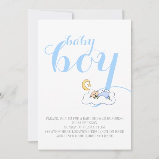 睡眠男の赤ちゃんシャワーブルー文字 ミニマル 招待状 (正面)
