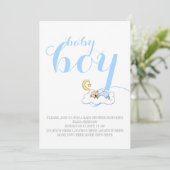 睡眠男の赤ちゃんシャワーブルー文字 ミニマル 招待状 (スタンド正面)