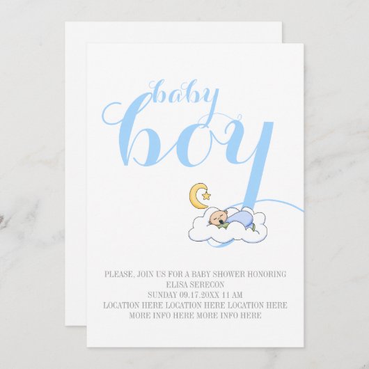 睡眠男の赤ちゃんシャワーブルー文字 ミニマル 招待状 (正面/裏面)