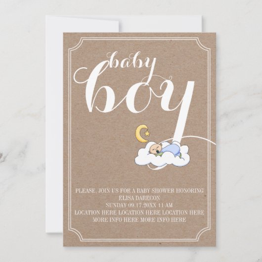 睡眠男の赤ちゃんシャワーヴィンテージ文字 ミニマル 招待状 (正面)