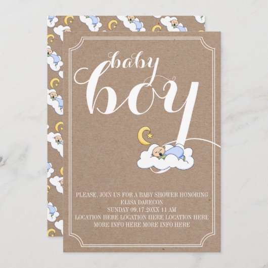 睡眠男の赤ちゃんシャワーヴィンテージ文字 ミニマル 招待状 (正面/裏面)