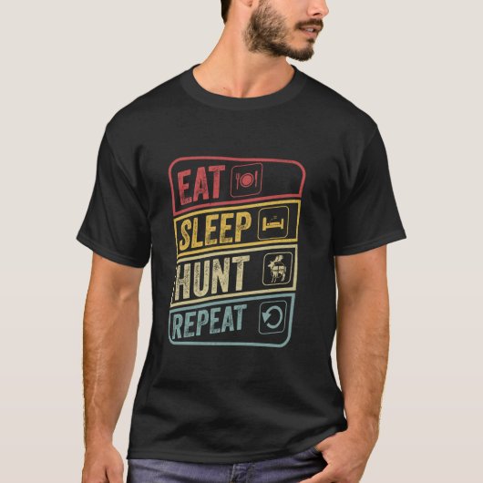 睡眠食べ狩りリピートレトロヴィンテージ狩りハンター Tシャツ (正面)