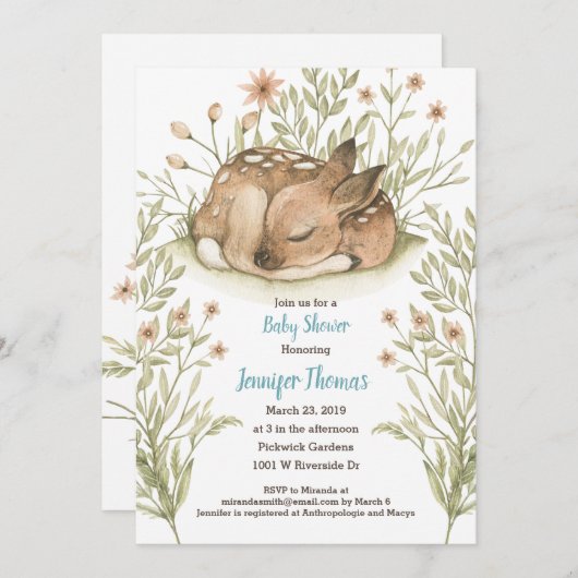 睡眠鹿ベビーシャワー招待状 案内状 (正面/裏面)