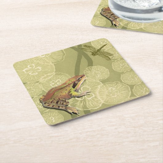 睡蓮のカエルとトンボ スクエアペーパーコースター (アングル)