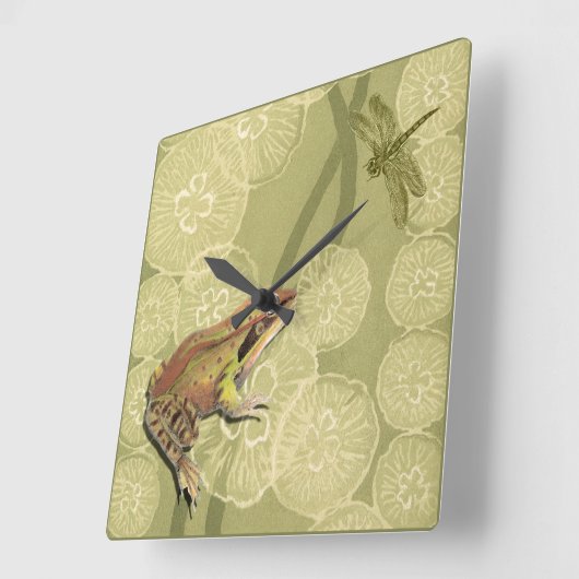 睡蓮のカエルとトンボ スクエア壁時計 (傾斜)