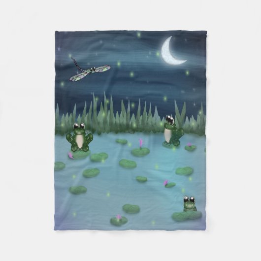 睡蓮の池のカエルたち フリースブランケット (正面)
