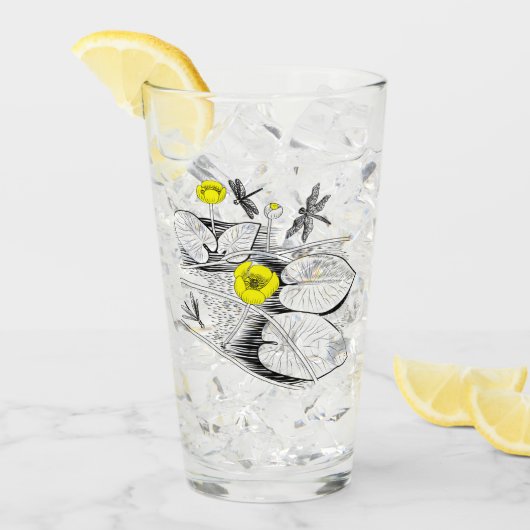 睡蓮の黄色版木、銅版、版画 タンブラーグラス (アイス正面)