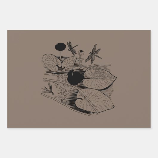 睡蓮イエローブラウン版木、銅版、版画グラフィック ラッピングペーパーシート (正面3)