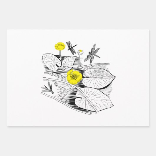 睡蓮イエローブラウン版木、銅版、版画グラフィック ラッピングペーパーシート (正面2)