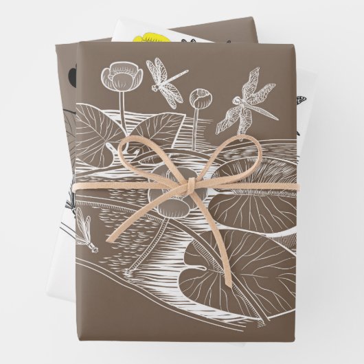 睡蓮イエローブラウン版木、銅版、版画グラフィック ラッピングペーパーシート (インサイチュ)