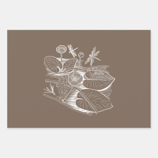 睡蓮イエローブラウン版木、銅版、版画グラフィック ラッピングペーパーシート (正面)