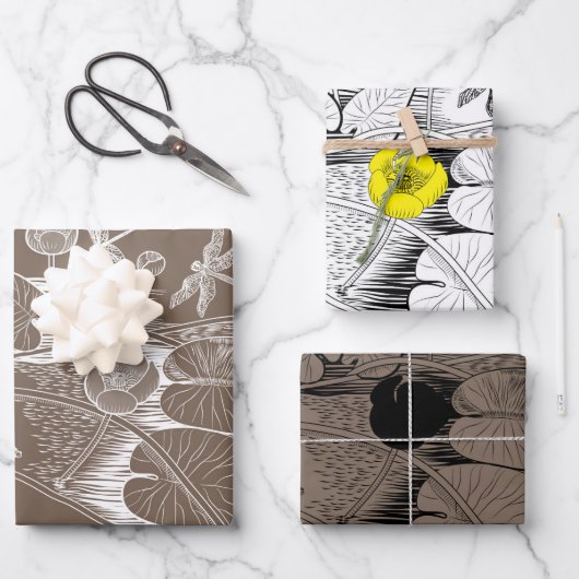 睡蓮イエローブラウン版木、銅版、版画グラフィック ラッピングペーパーシート (正面)