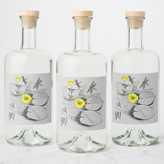 睡蓮イエロー・版木、銅版、版画・グラフィック・ブラック リキュールボトルラベル (ボトル)