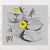 睡蓮イエロー・版木、銅版、版画・グラフィック・ブラック リキュールボトルラベル (シングルラベル)