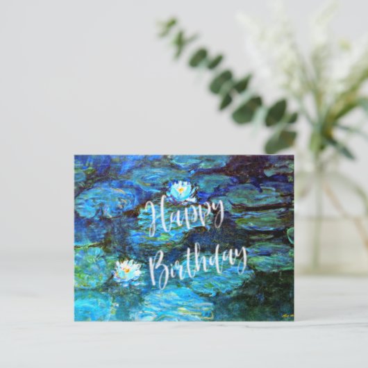 睡蓮(青)、お誕生日おめでとうございます ポストカード (スタンド正面)