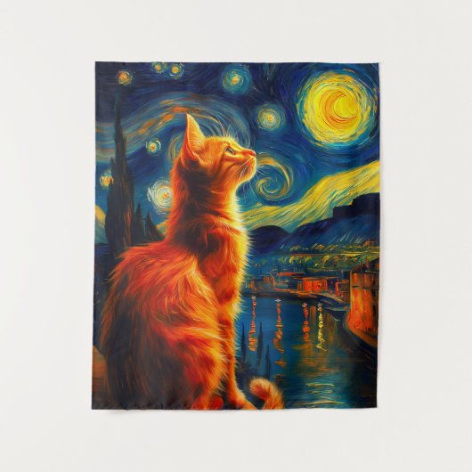 瞑想するジンジャーの猫|星空の夜 タペストリー (正面)