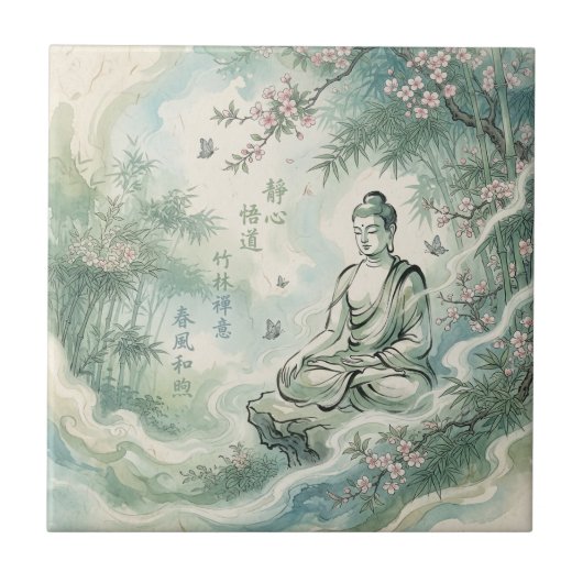 瞑想する仏像の竹の墨絵アート タイル (正面)